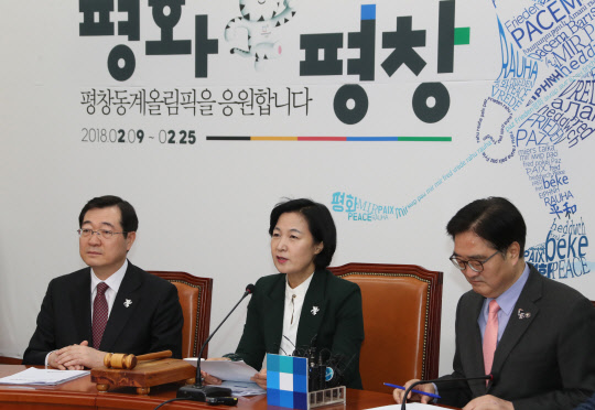 추미애 "남북정상회담, 한반도 비핵화의 시발점"  더불어민주당 추미애 대표가 12일 국회에서 열린 최고위원회의에서 김정은 북한 노동당 위원장이 문재인 대통령의 방북을 초청한 것과 관련, "남북정상회담이 이뤄진다면 한반도 비핵화를 향한 의미 있는 시발점이 될 것"이라고 발언하고 있다. 2018.2.12